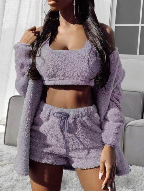Suits 3pcs Winter Solid Color Double-sided Plush Warm Thickened Hooded