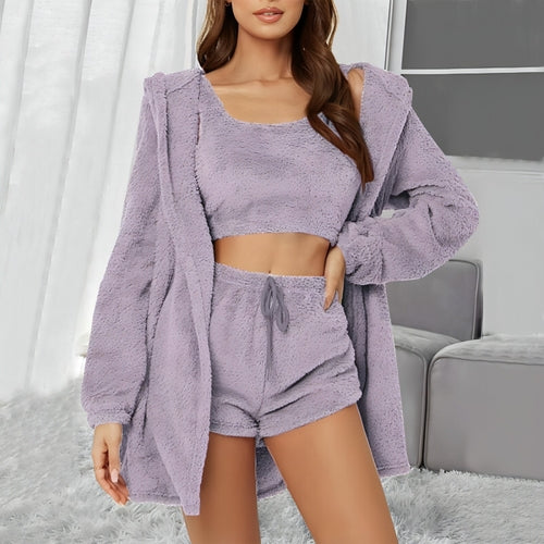 Suits 3pcs Winter Solid Color Double-sided Plush Warm Thickened Hooded